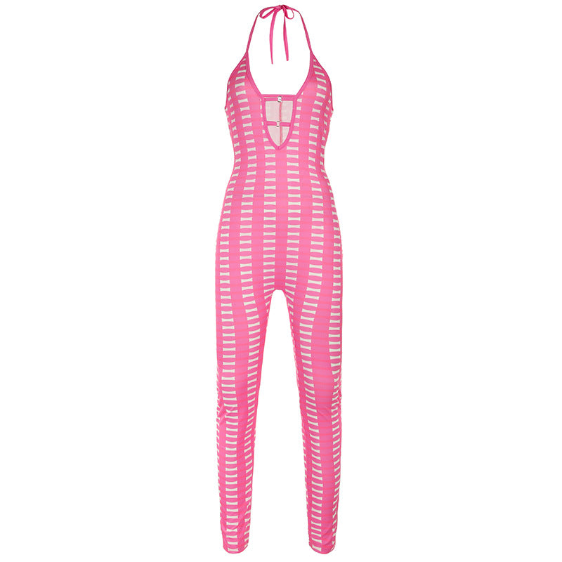 Clothing Barbie Pink Striped Contrast Color Deep V Plunge Neck Hollow Out Cutout Out Tight Braces Halter Jumpsuit Skinny Trousers