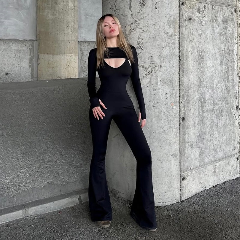 Spring Color Long Sleeve Tight Braces Hip Lifting Jumpsuit Two Piece Set