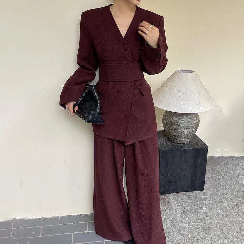 Autumn Waist Tight Top Loose Wide Leg Pants Two Piece Sets