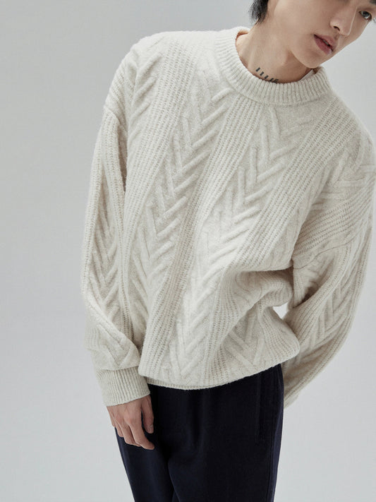 Cream Cable Knit Sweater With Chevron Pattern