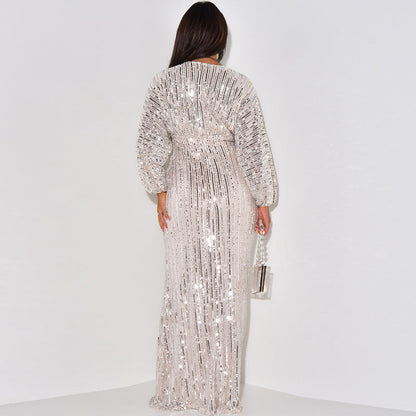 Dress Dress Sequined Long Sleeve V Neck Sequin Maxi Dress