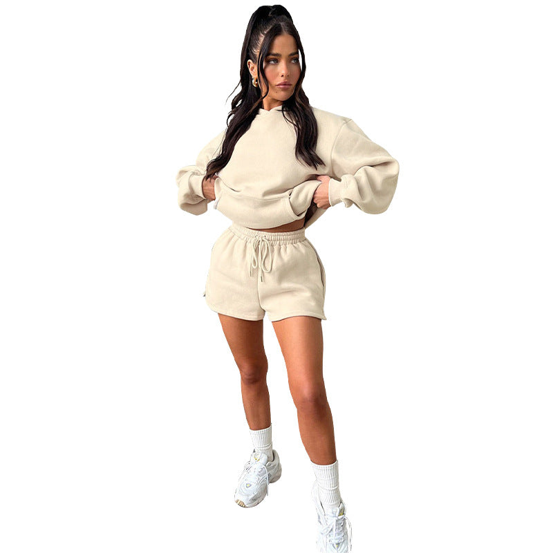 Autumn Winter Color Long-sleeved Hooded Sweaters Clothing Two Piece Shorts Sets