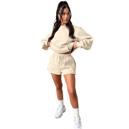 Autumn Winter Color Long-sleeved Hooded Sweaters Clothing Two Piece Shorts Sets
