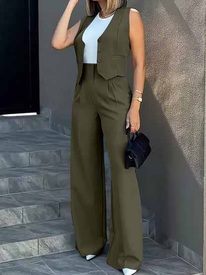 Vest Jacket Wide Leg Pants Set
