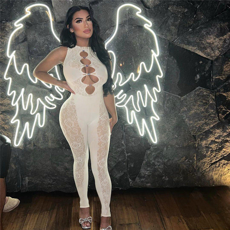 Spring Jacquard Fishnet Clothes Color Hollow Out Cutout Out High Elastic Tight Jumpsuit
