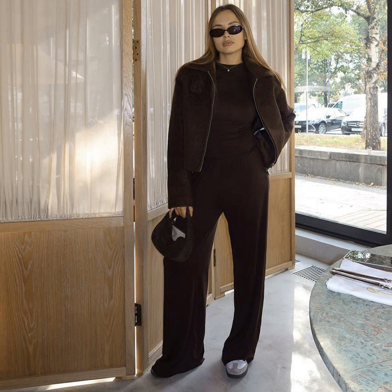 Autumn Color Round Neck Long Sleeve Basic Wide Leg Pants Set