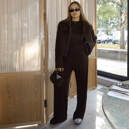 Autumn Color Round Neck Long Sleeve Basic Wide Leg Pants Set