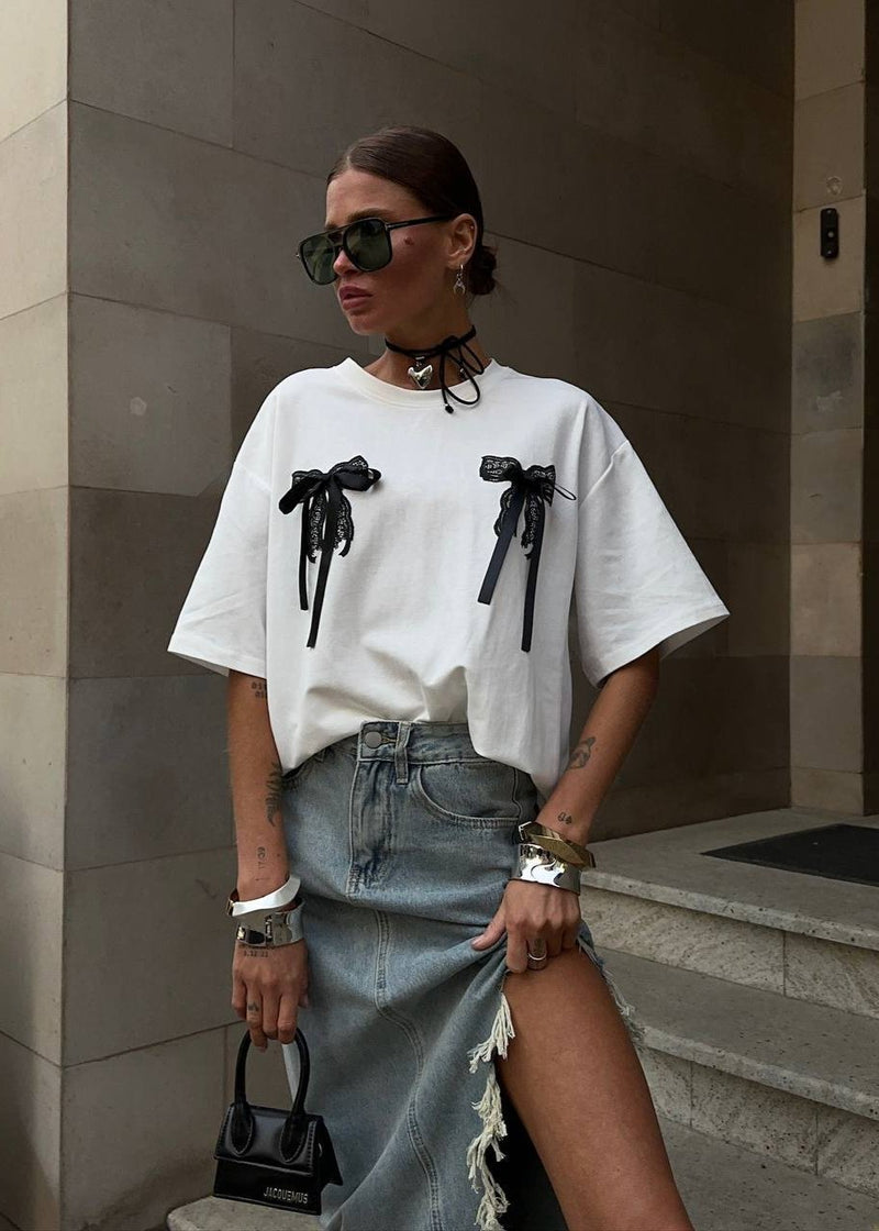 Lace Bow Embellished Oversized T-shirt