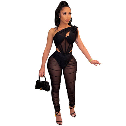 Clothing Mesh See-through Irregular Asymmetric Top Two-piece Set