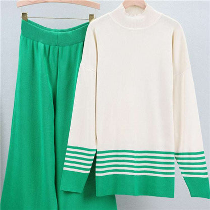 Green - Striped Half-turtleneck Sweater Two Piece Set