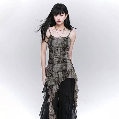 Ladyghost Grunge Fairy Asymmetrical Cami Dress - Tie-dye Ruched Mini Dress With Ruffle Hem