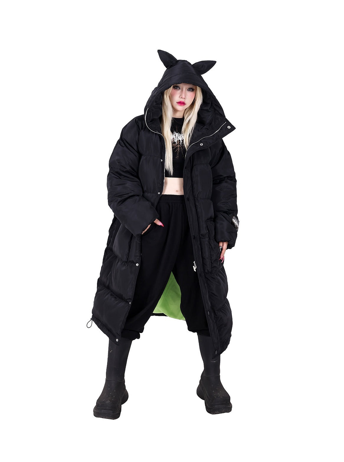 Pinkspink Cat Ear Hooded Puffer Coat - Jet Black