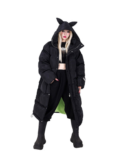Pinkspink Cat Ear Hooded Puffer Coat - Jet Black