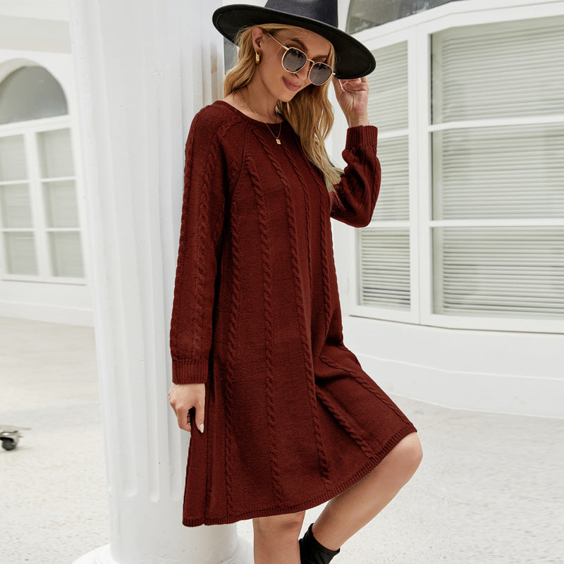 Fall Winter Color Long Sweater Dress Round Neck Twisted Loose a Line Knitted Dress