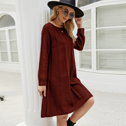Fall Winter Color Long Sweater Dress Round Neck Twisted Loose a Line Knitted Dress