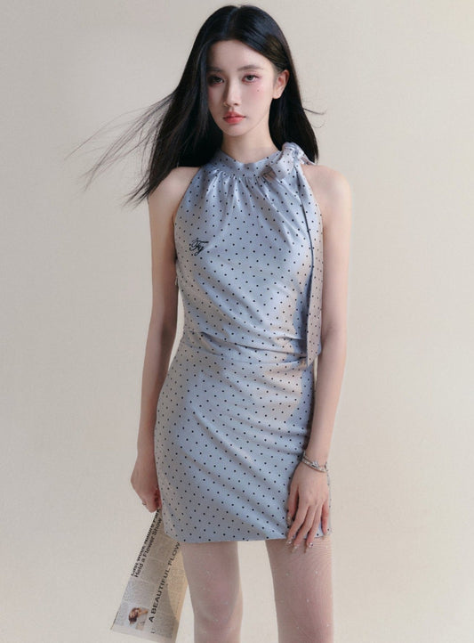 Polka Dot Halter Neck Mini Dress in Light Blue