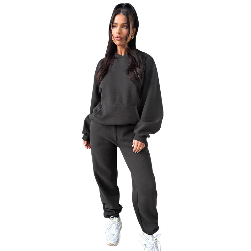 Autumn Winter Color Long Sleeve Hooded Fleece Lined Sweater Trousers Sets