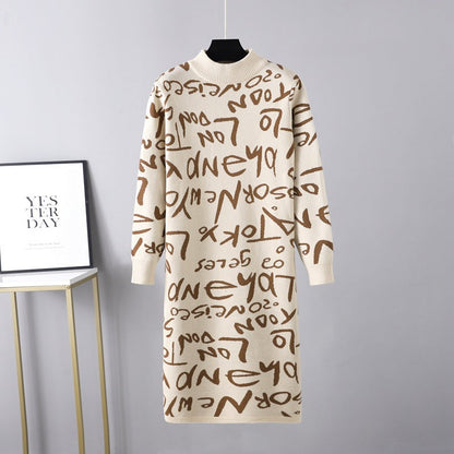 Clothing Autumn Winter Knitted Pullover Long Sleeve Letter Graphic Graffiti Sweater Dress