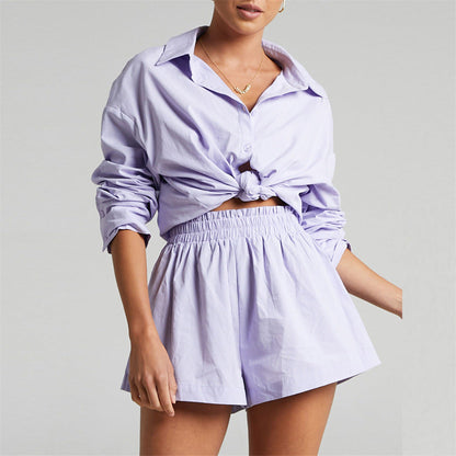 Spring Summer Two Piece Set Color Single Breasted Long Sleeve Collared Shirt Shorts Loose Set