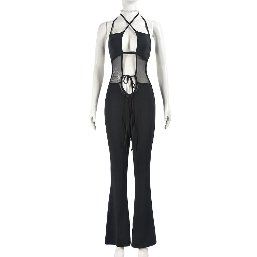 Summer Sleeveless Lace Up Backless Slightly Flared Wide Leg Jumpsuit for