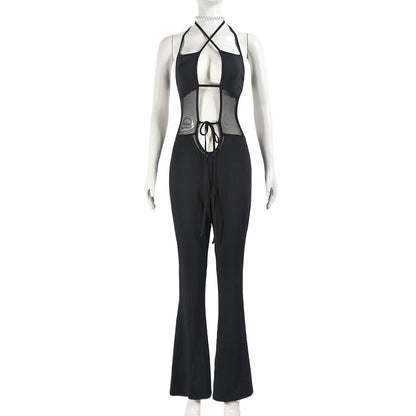Summer Sleeveless Lace Up Backless Slightly Flared Wide Leg Jumpsuit for
