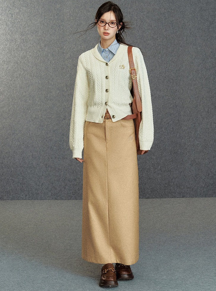 Cozy Cable Knit Cardigan: Classic V-neck Button-up Sweater With Embroidered Logo