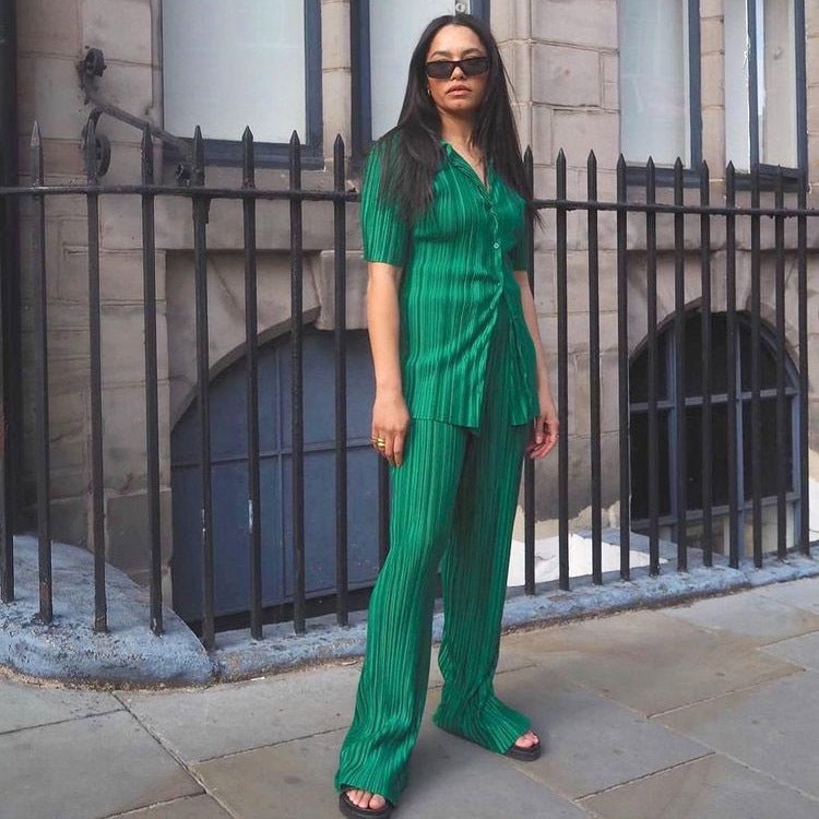 Summer Short Sleeve Loose Pleated Straight Leg Pants Two-piece Set Complex Set Collar Set