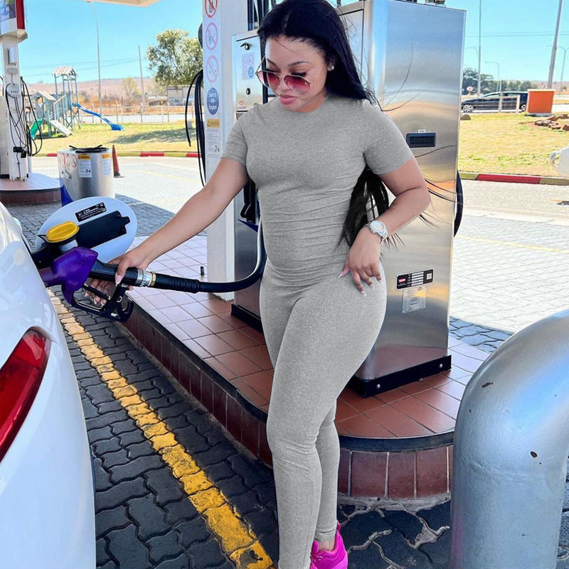 Clothing Winter Round Neck Zipper Color Short Sleeve Trousers Sports Jumpsuit