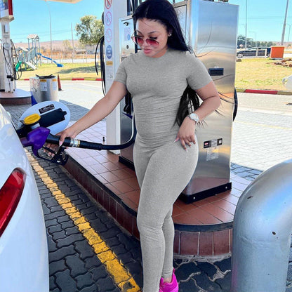 Clothing Winter Round Neck Zipper Color Short Sleeve Trousers Sports Jumpsuit