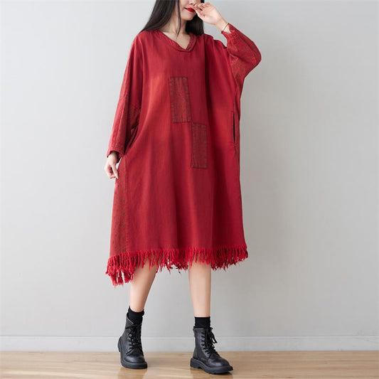 V Neck Long Tassel Sweater Washed Dots Patch Long Sleeves Dress Slimming