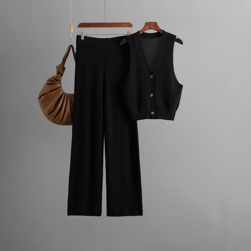 Fashionable Knitted Summer V Neck Sleeveless Vest High Waist Straight Pants Two Piece Set