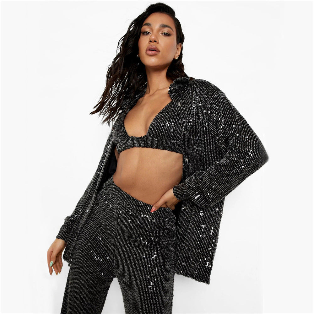 Sequined Long Sleeve Tops Shirt V Neck Vest Straight Leg Pants Three Piece Set Spring Summer Party Set