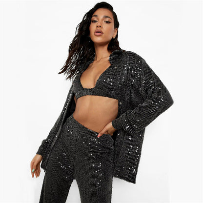 Sequined Long Sleeve Tops Shirt V Neck Vest Straight Leg Pants Three Piece Set Spring Summer Party Set