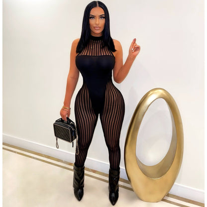 Clothing Mesh Stripes Stitching Jumpsuit
