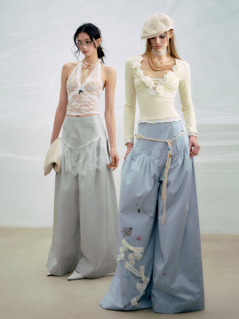 Pleated Cotton Wide-leg Palazzo Pants