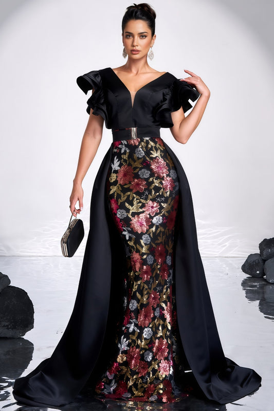 Ariasd Black Sequin Flower Maxi Dress