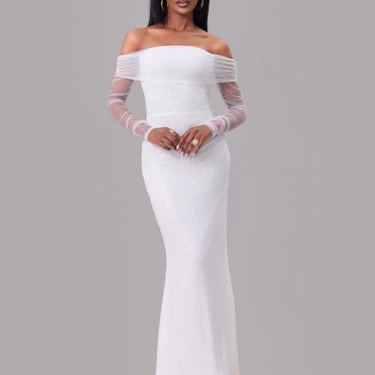Spring Clothing Off the Shoulder Mesh See Through Maxi Dress