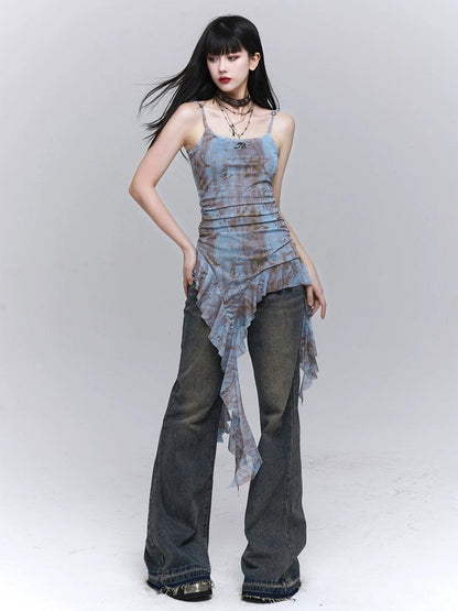 Ladyghost Grunge Fairy Asymmetrical Cami Dress - Tie-dye Ruched Mini Dress With Ruffle Hem