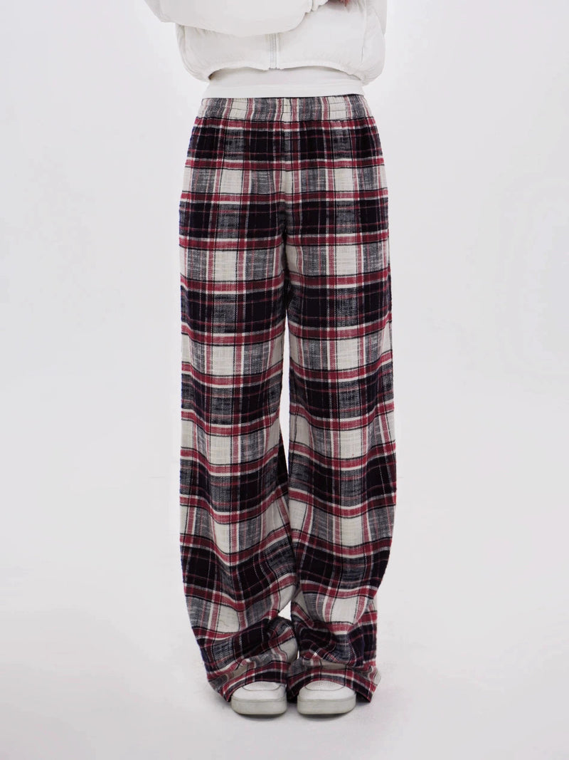 Red Plaid Wide-leg Floor-length Pants