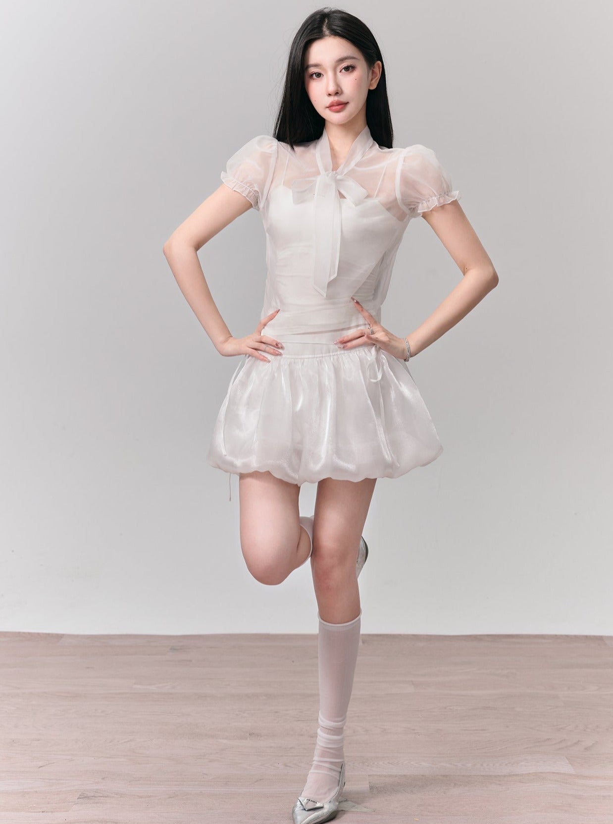 Ethereal White Summer Set: Puff-sleeve Crop Top & Scalloped Tie-side Mini Skirt