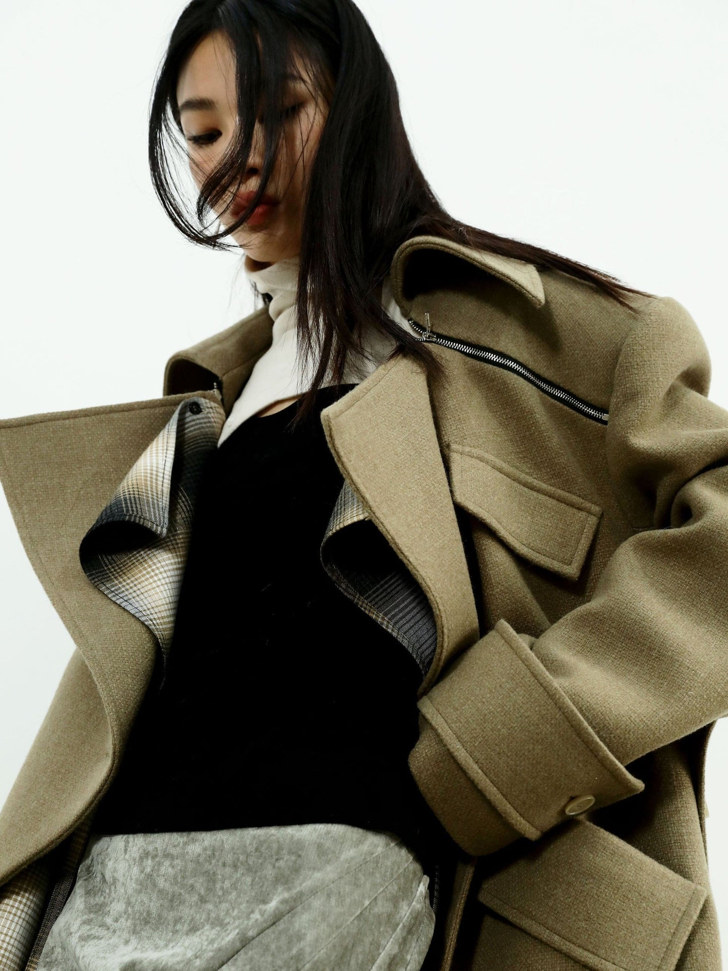Asymmetric Woolen Coat With Faux Layered Look