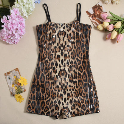 Sequin Leopard Strap Backless Cutout Tight Cover Jumpsuit