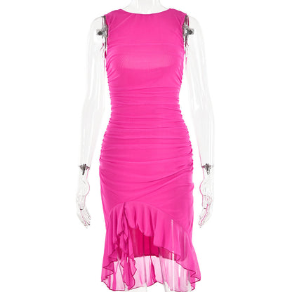 Spring Summer Round Neck Sleeveless Dress Tight Backless Pleated Midi Dress