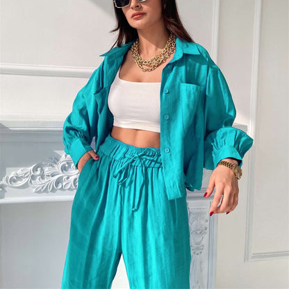 Commuting Wear Spring Summer Polo Collar Shirt Top Split Wide Leg Pants Two Piece Set Set