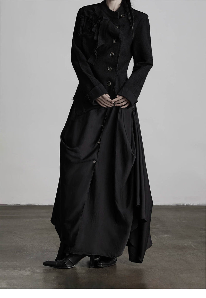 Buttoned Patchwork Black Irregular Skirt