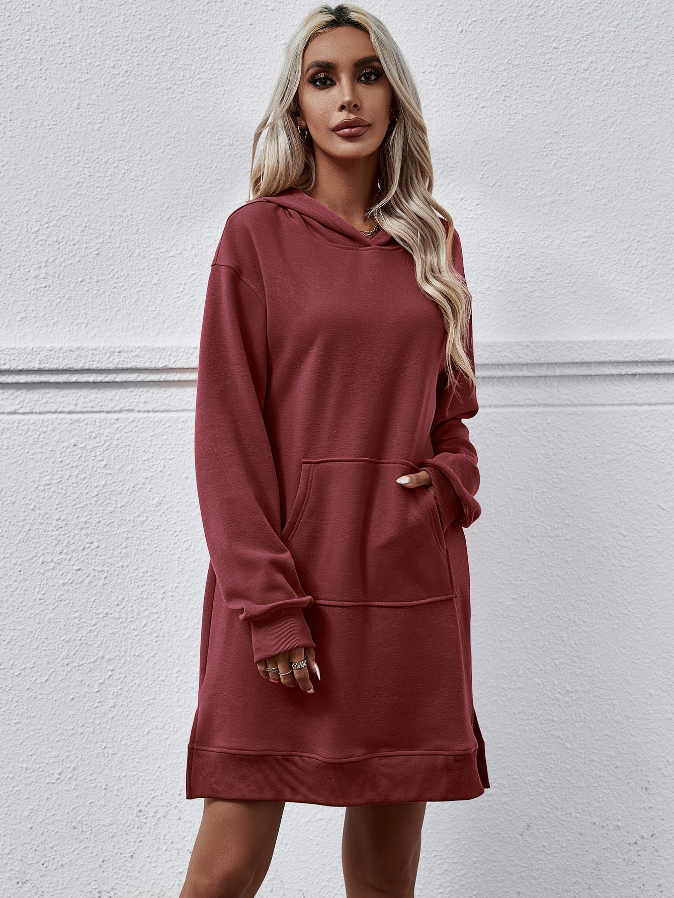 Autumn Winter Clothing Hooded Long Sleeve Kangaroo Pocket Split Long Sweater Dress