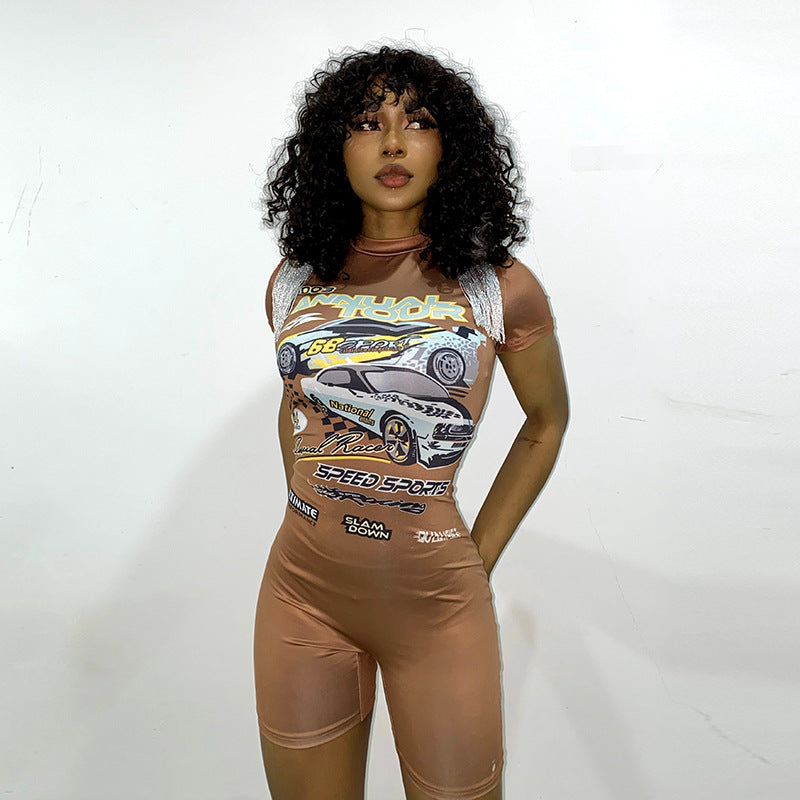 Clothing Summer Digital Printed Skinny Hip Raise Tassel Shorts Jumpsuit for
