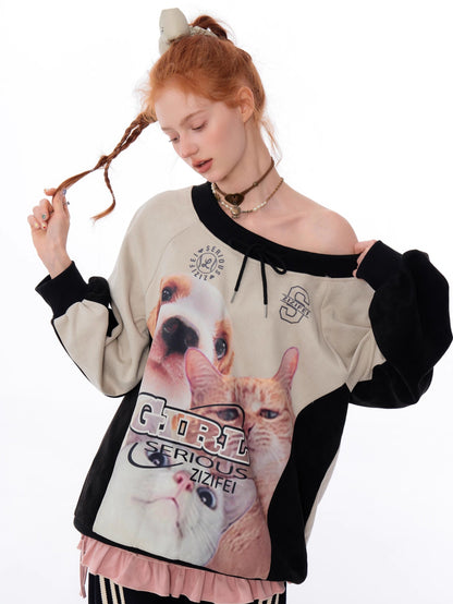 Cat and Dog Print Two-tone Sweatshirt