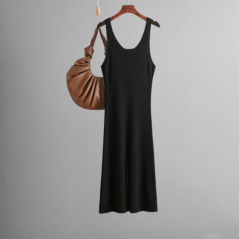 Knitted Sling Dress Summer Color Back Slit Sheath Maxi Dress