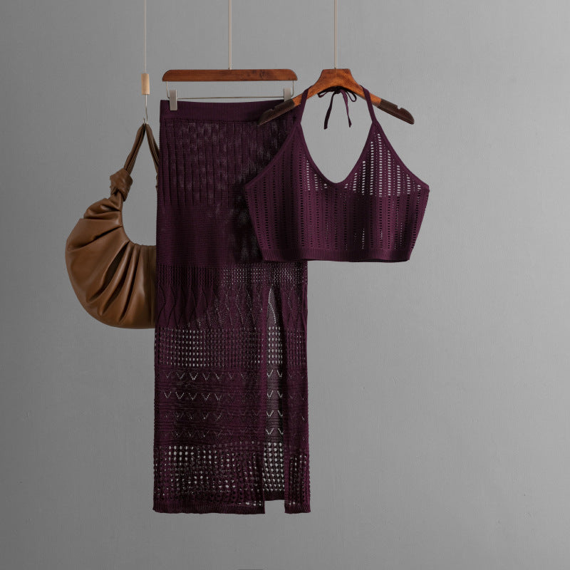Clothes Short Summer Vest Top Two Piece High Waist Slimming Hollow Out Cutout Split Hip Skirt